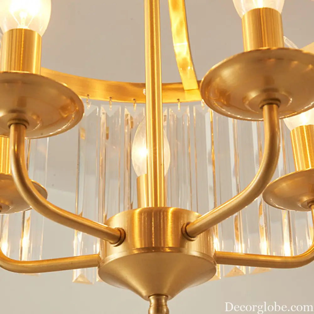 Modern Crystal Cylinder Chandelier Pendant Light - 4 Heads Brass Finish Curved Metal Arm Brass