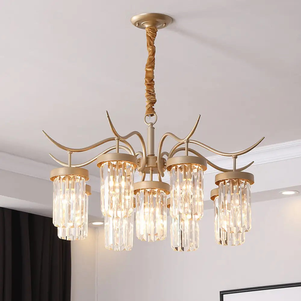 Modern Crystal Cylindrical Chandelier Light with Brass Finish - 7/9-Head Hanging Ceiling Light 9 / Brass