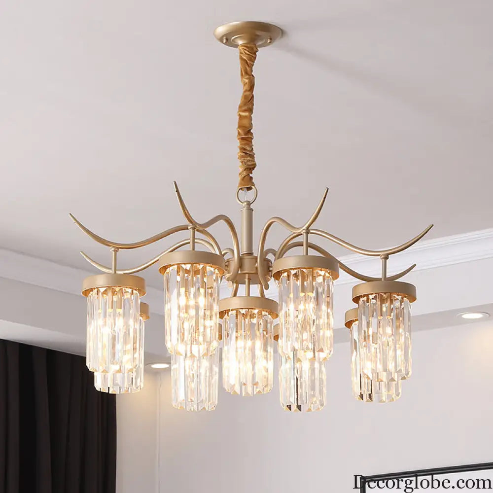Modern Crystal Cylindrical Chandelier Light with Brass Finish - 7/9-Head Hanging Ceiling Light