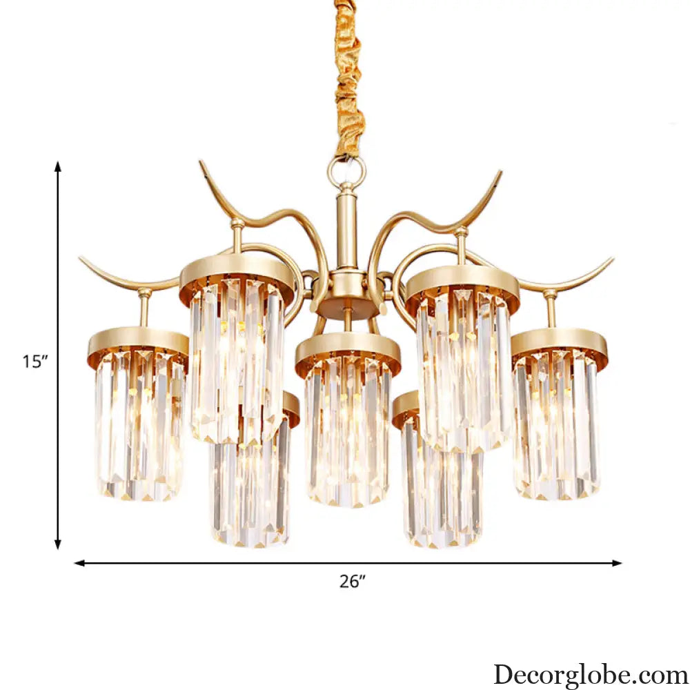 Modern Crystal Cylindrical Chandelier Light with Brass Finish - 7/9-Head Hanging Ceiling Light