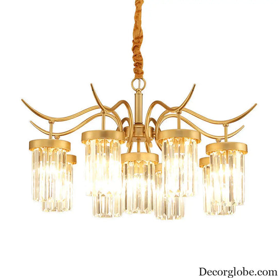 Modern Crystal Cylindrical Chandelier Light with Brass Finish - 7/9-Head Hanging Ceiling Light