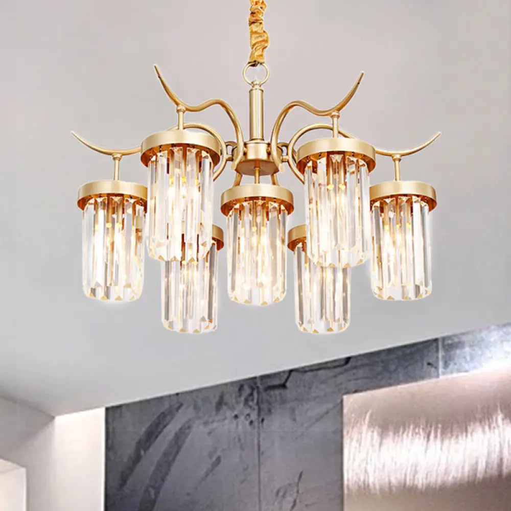 Modern Crystal Cylindrical Chandelier Light with Brass Finish - 7/9-Head Hanging Ceiling Light 7 / Brass