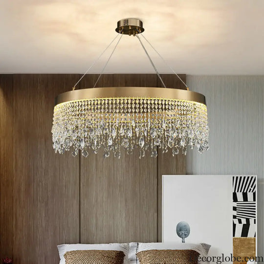 Modern LED Chandelier with Crystal Drapes and Stainless Steel Ring Shape