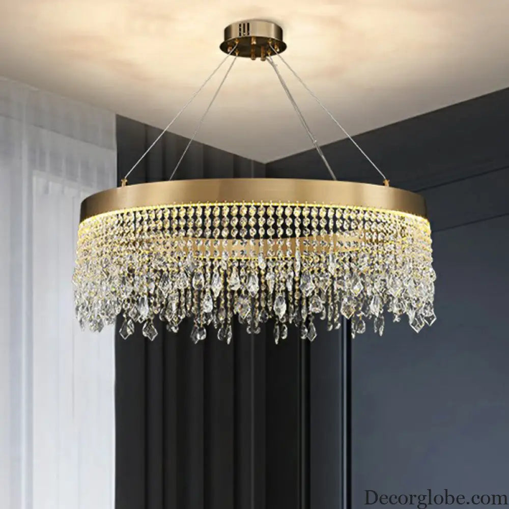 Modern LED Chandelier with Crystal Drapes and Stainless Steel Ring Shape