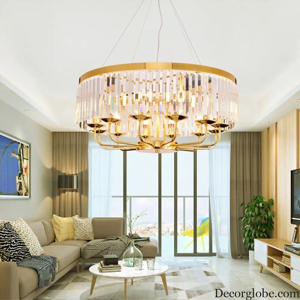 Modern Gold Round Chandelier with Rectangular-Cut Crystal Ceiling Light - 6/8/12 Lights 18’’/31.5’’ Wide