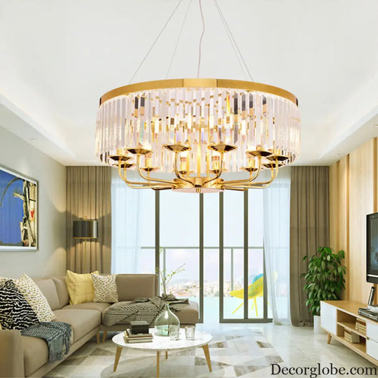 Modern Gold Round Chandelier with Rectangular-Cut Crystal Ceiling Light - 6/8/12 Lights 18’’/31.5’’ Wide