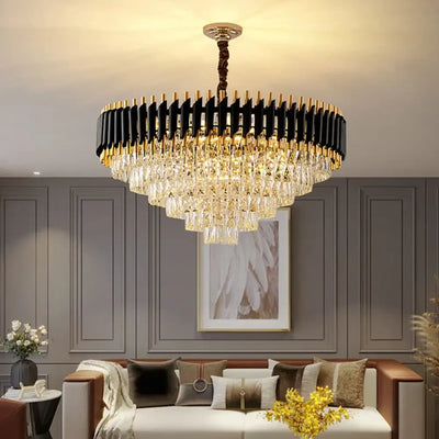 Moderne, luxuriöse LED-Kronleuchter in Schwarzgold und Kristalloptik – elegante Innenbeleuchtung für Wohn- und Esszimmer