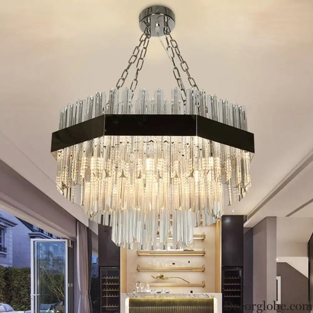 Modern Layered Chandelier Pendant Light with Crystal Bevels - 10 Bulbs in Silver Silver