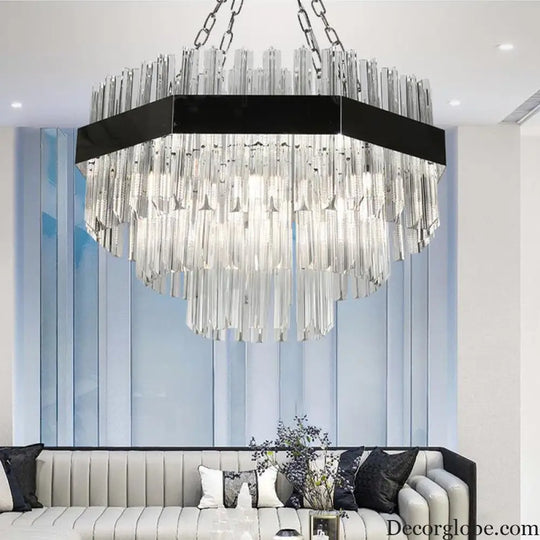 Modern Layered Chandelier Pendant Light with Crystal Bevels - 10 Bulbs in Silver Silver