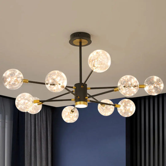 Modern LED Chandelier with Orb Glass Shade - Starburst Hanging Ceiling Light for Living Room 10 / Black / Natural