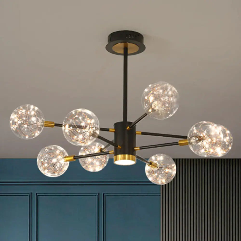 Modern LED Chandelier with Orb Glass Shade - Starburst Hanging Ceiling Light for Living Room 8 / Black / Natural