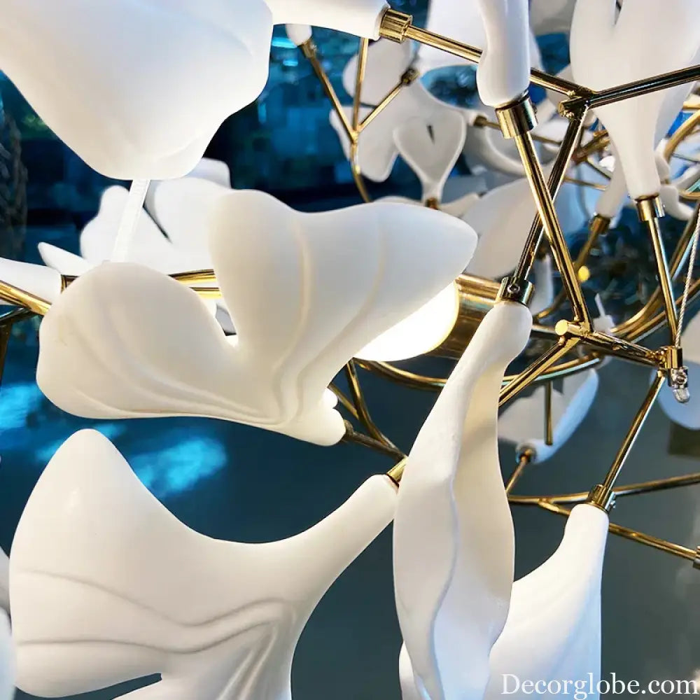 New gold chandelier white ceramic leaf lamp indoor home living room decorative lamp French luxury staircase ceiling lamp - DecorGlobe