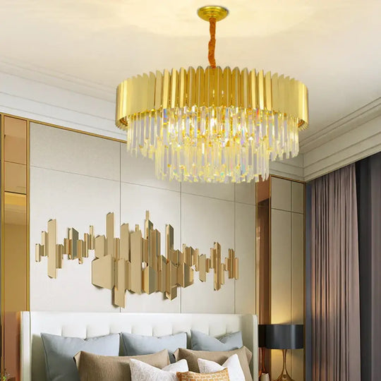 Postmodern Round Gold Stainless Steel Crystal LED Chandelier - Contemporary Illumination for Dining Elegance - DecorGlobe