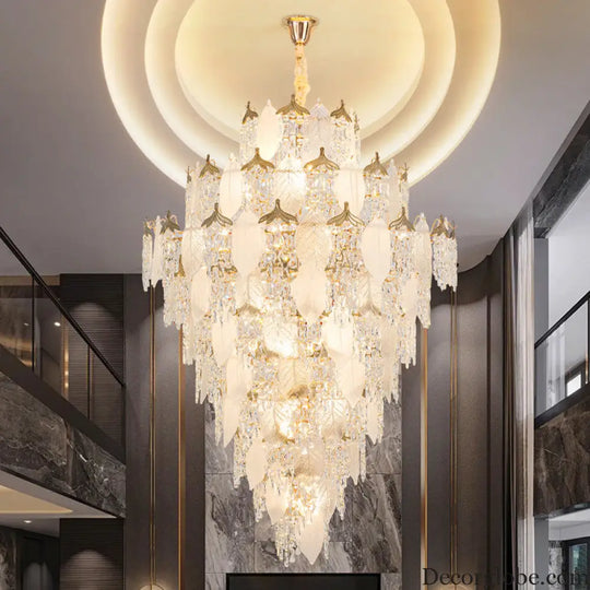 New French Cream Style Villa Duplex Living Room Crystal Chandelier Modern Light Luxury High Feeling Leaf Lamp Staircase