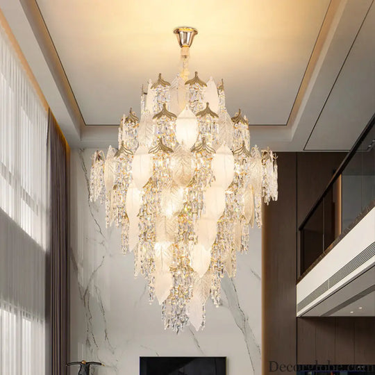 New French Cream Style Villa Duplex Living Room Crystal Chandelier Modern Light Luxury High Feeling Leaf Lamp Staircase