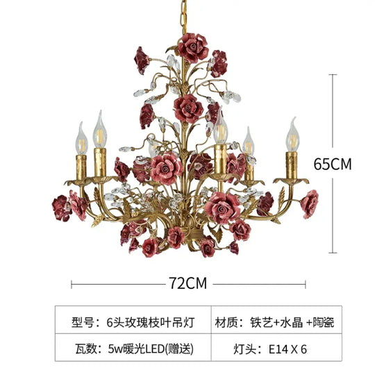 ROSELYN French Vintage Rose Pendant Lamp Red 6 heads Chandelier