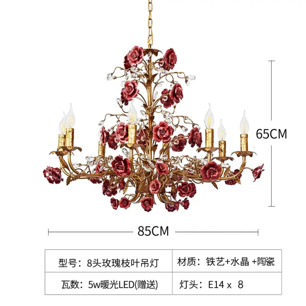 ROSELYN French Vintage Rose Pendant Lamp Red 8 heads Chandelier