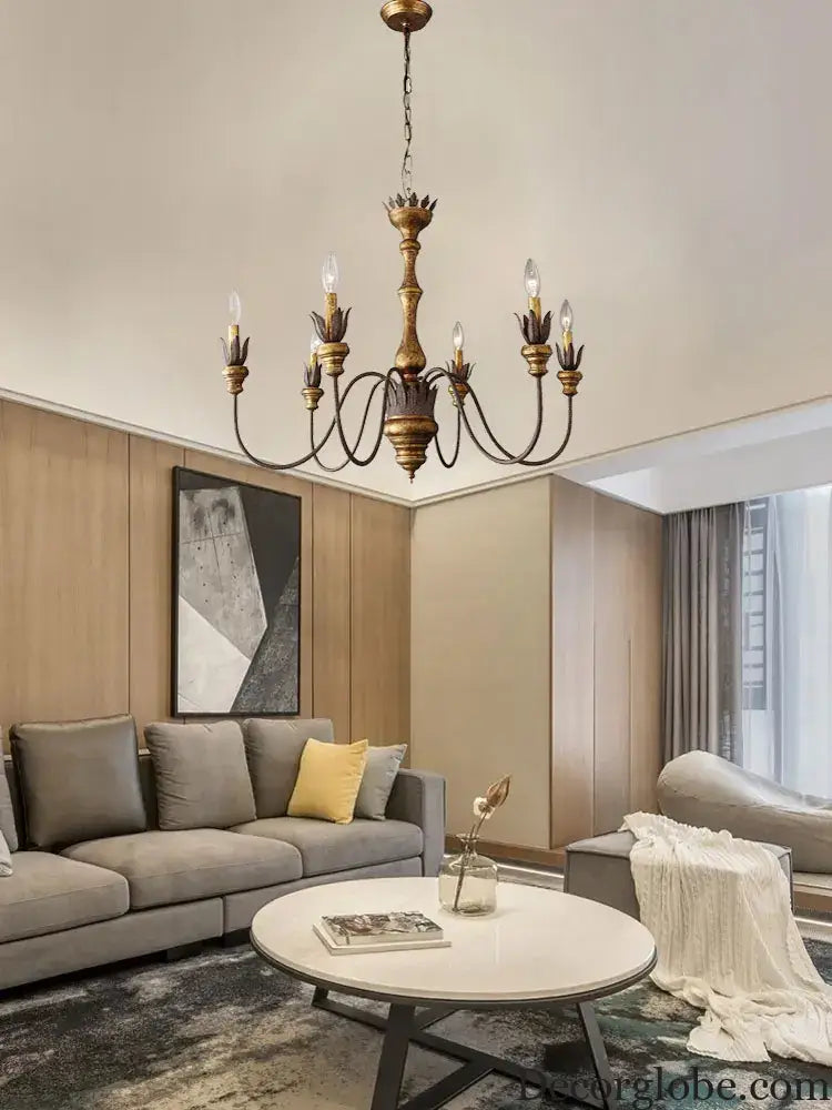 Vintage 6-Head Wooden Pendant Lamp - French Wooden Chandelier Light for Living Room, Bedroom, and Dining Room Decor - DecorGlobe