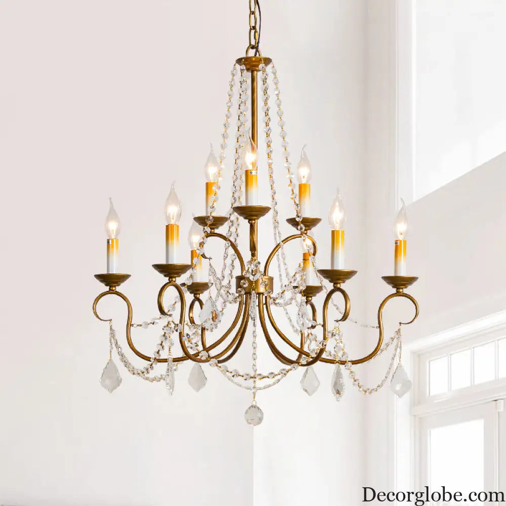 Vintage Brass Chandelier Pendant Light - Crystal Beaded Strand - 6/9 Lights - Bare Bulb Hanging Pendant