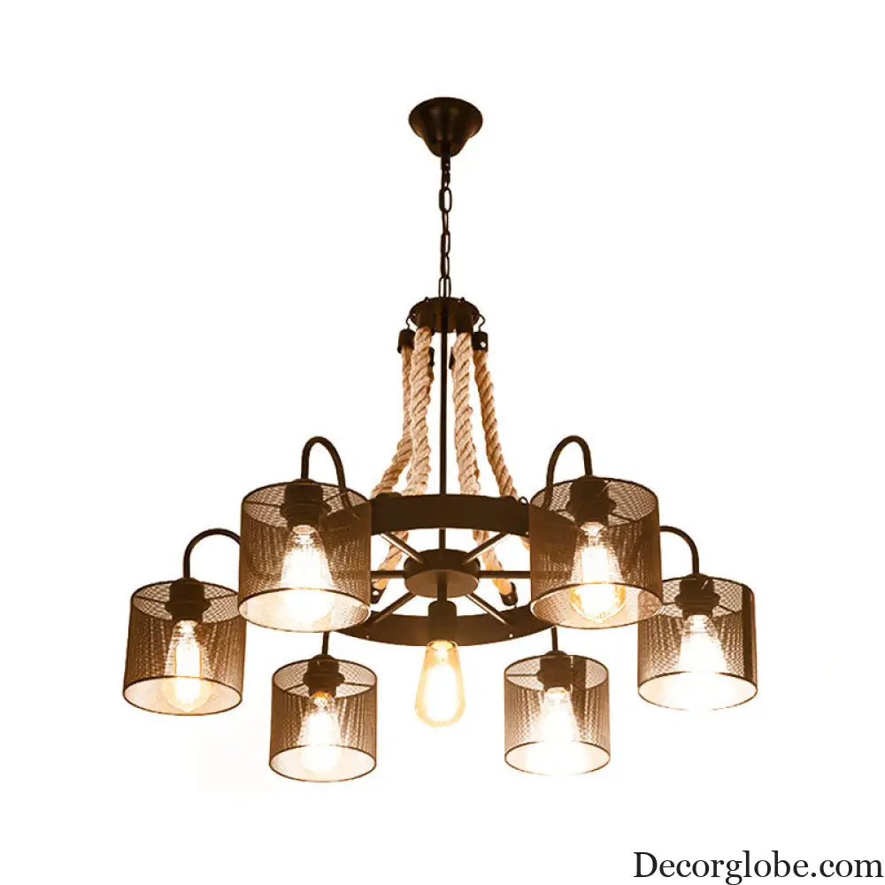 Vintage Style Cylinder Mesh Metal Shade Chandelier: 6-Head Restaurant Hanging Light in Beige Beige
