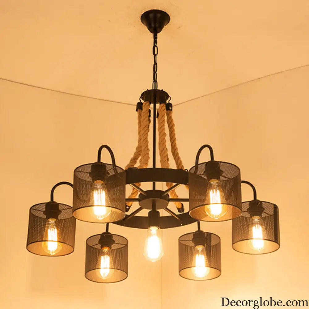 Vintage Style Cylinder Mesh Metal Shade Chandelier: 6-Head Restaurant Hanging Light in Beige Beige